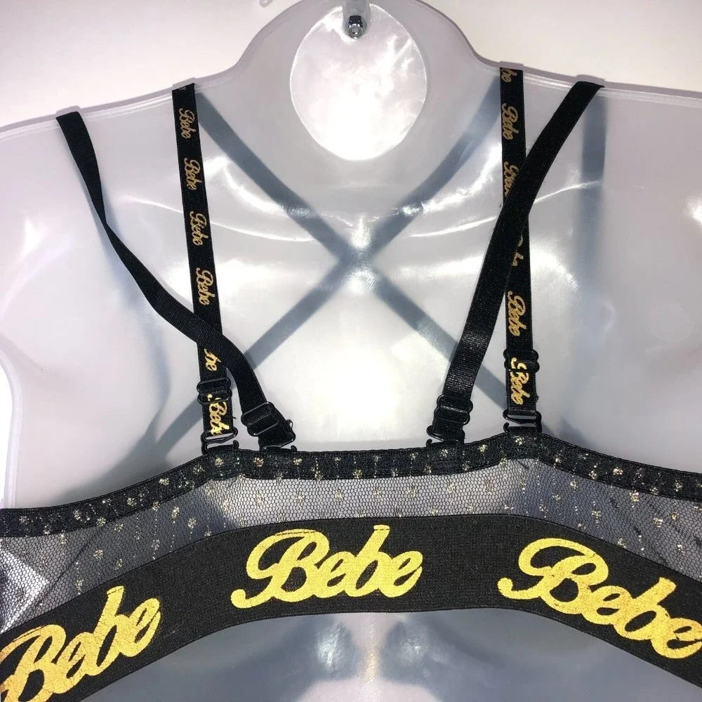 Bebe Black Pushup Bra w/Gold‎ Accents Front Clasp 34C Strappy Mob Wife